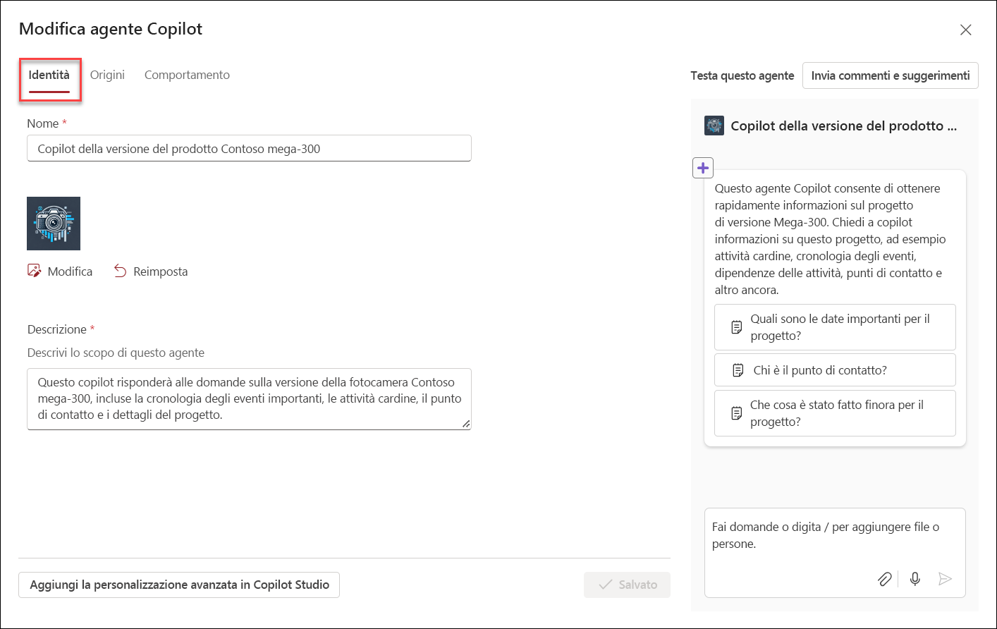 screenshot dell'interfaccia utente iniziale per modificare un agente copilot