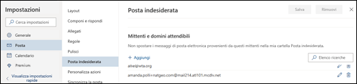 Screenshot che mostra l'area Mittenti attendibili delle impostazioni di Posta indesiderata in Posta nelle Impostazioni per Outlook.com.