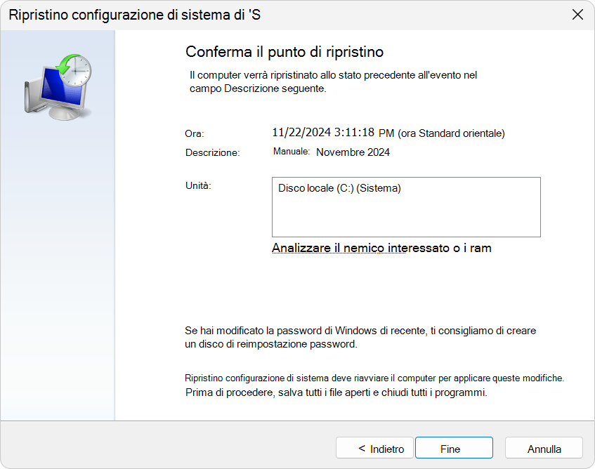 Screenshot di Ripristino configurazione di sistema.