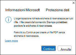 Finestra Crea PDF di Microsoft Info Protection