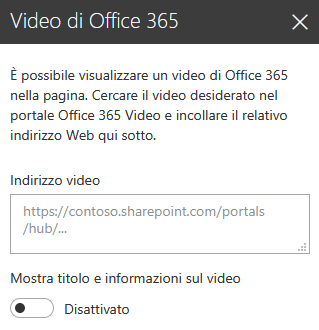 Screenshot della finestra di dialogo dell'indirizzo video di Office 365 in SharePoint.