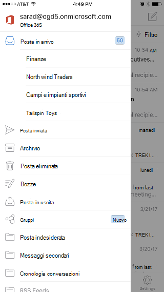 Mostra l'app Outlook con la cartella Posta in arrivo nella parte superiore dell'elenco e l'opzione Gruppi più in basso nell'elenco.