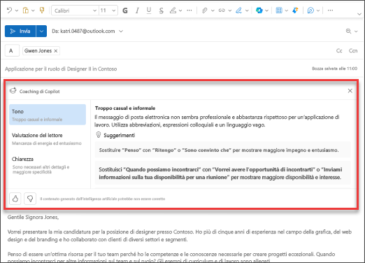 Suggerimenti di Copilot per tono, chiarezza e valutazione del lettore in Outlook per dispositivi mobili