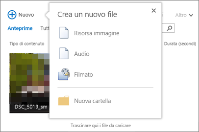 Finestra di dialogo per la creazione di un documento dal pulsante +Nuovo