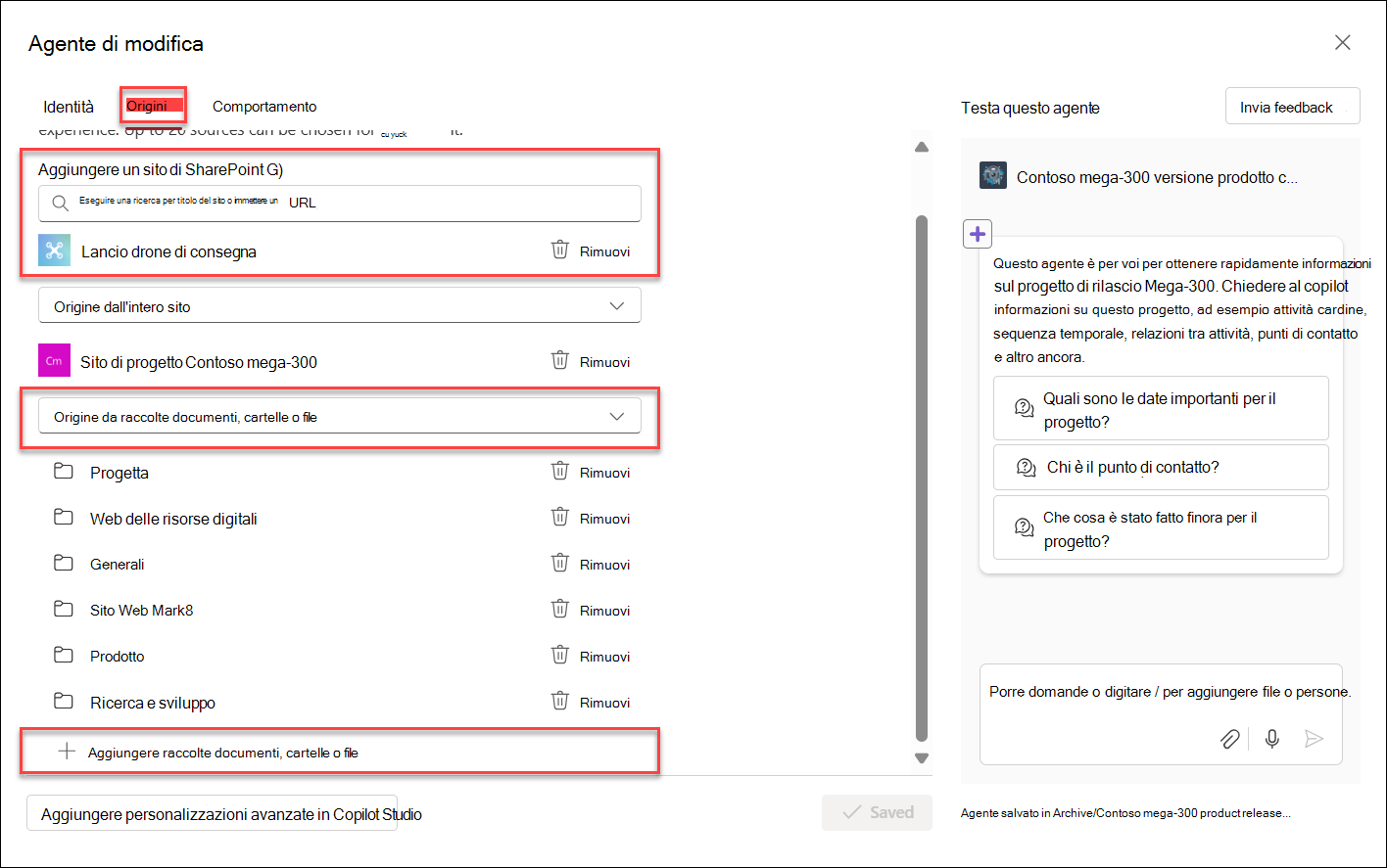 Screenshot dell'aggiunta di risorse di conoscenza all'agente copilot