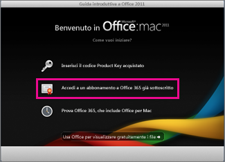 Schermata iniziale dell'installazione di Office per Mac in cui si accede a un abbonamento a Office 365 esistente.
