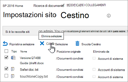 Pagina del Cestino di SharePoint 2016 con il pulsante Elimina evidenziato