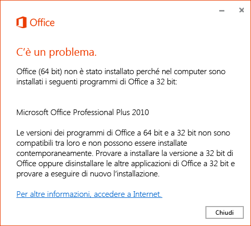 Non è possibile installare Office a 64 bit su Office a 32 bit
