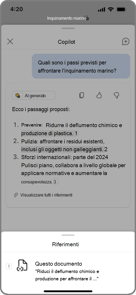 Screenshot di Copilot in Word nel dispositivo iOS con il risultato di Copilot e suoi riferimenti