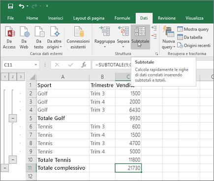 Fare clic su Subtotale nella scheda Dati per aggiungere una riga di subtotale nei dati di Excel