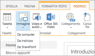 Screenshot della barra multifunzione di SharePoint Online. Selezionare la scheda Inserisci e quindi selezionare Immagine per scegliere se caricare un file dal computer, un indirizzo Web o un percorso di SharePoint.