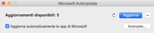 Finestra di Microsoft AutoUpdate quando sono disponibili aggiornamenti.
