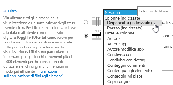 In SharePoint Online selezionare un campo indicizzato