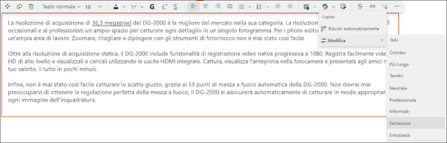 Esempio di cambio di tono del testo suggerito in Copilot in SharePoint - Prima