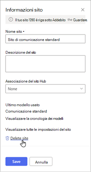 Screenshot del riquadro informazioni sito con Elimina sito sottolineato. Nella parte inferiore del pannello si trovano i pulsanti Salva e Annulla.