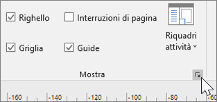 Schermata delle opzioni Righello, Griglia e Guide sulla barra degli strumenti con l'icona Opzioni evidenziata