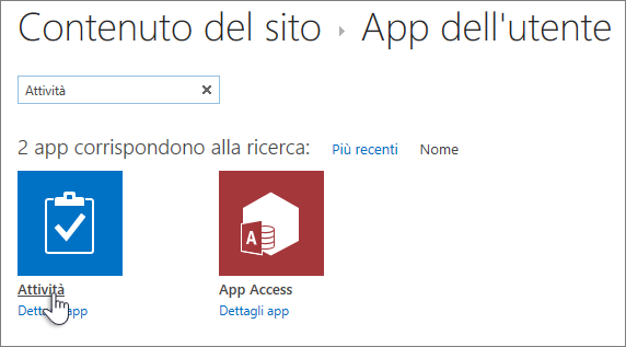 Digitare "attività" nella casella di ricerca e selezionare Attività