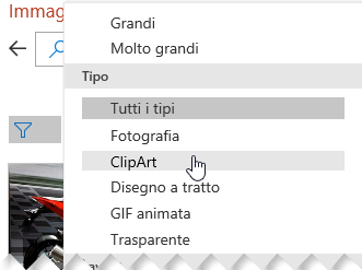 Usare il filtro Tipo per restringere le scelte solo alle immagini ClipArt