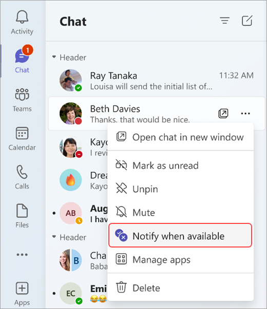 Screenshot che mostra come ricevere una notifica quando lo stato di un utente cambia da una chat.