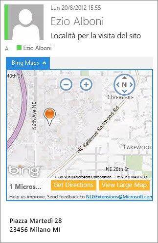 Messaggio di posta elettronica con l'app Bing Maps che mostra un indirizzo su una mappa