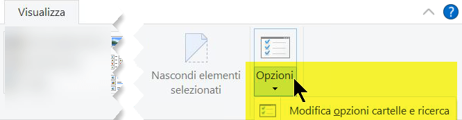 Nella scheda Visualizza, all'estremità destra, selezionare Modifica opzioni cartelle e ricerca.