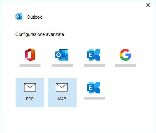 Selezione del tipo di account durante la configurazione manuale di un account di posta in Outlook