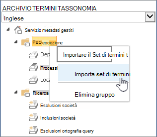 Elenco a discesa Importa set di termini