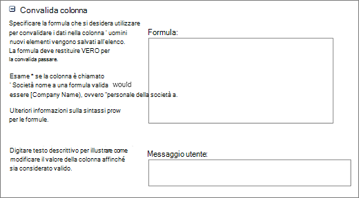 Sezione Convalida nella finestra di dialogo Nuova domanda