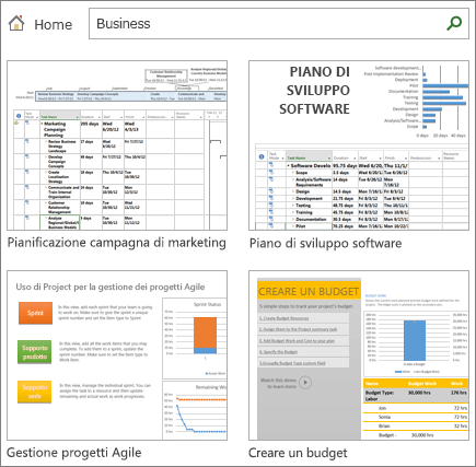 Screenshot di modelli di piani di progetto nella categoria Business.