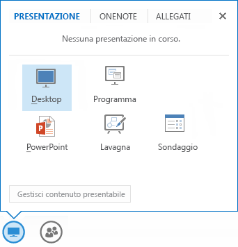 Screenshot del menu Condividi con la scheda Presenta selezionata in cui sono visualizzate le opzioni per PowerPoint e altre opzioni di condivisione
