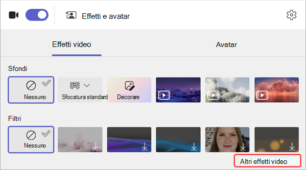 screenshot delle opzioni di filtro video