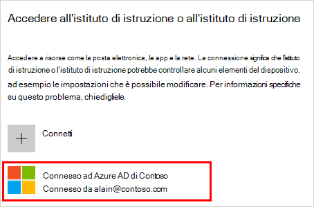 Screenshot che mostra la finestra "Accedi all'azienda o all'istituto di istruzione" con l'account "Connesso ad Azure AD (organizzazione) " selezionato