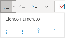 Pulsante Elenco numerato selezionato sulla barra multifunzione del menu Home di OneNote per Windows 10.