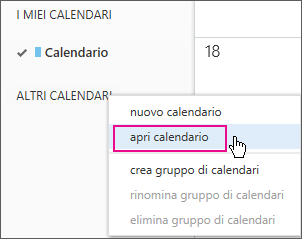Menu Apri calendario di Outlook Web App