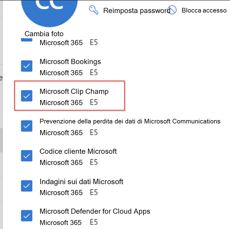 Clipchamp è visibile come servizio nell'elenco delle app e delle licenze assegnate a un utente in un'organizzazione di Microsoft 365