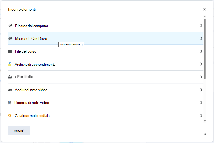 Incorporare un file di OneDrive nell'editor di Brightspace usando il menu Inserisci materiale in inserti.