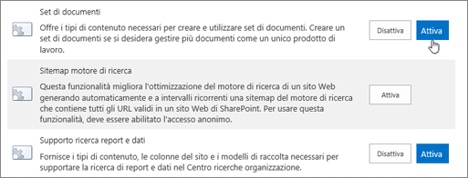 Esempi delle caratteristiche della raccolta siti che è possibile rendere attive per SharePoint