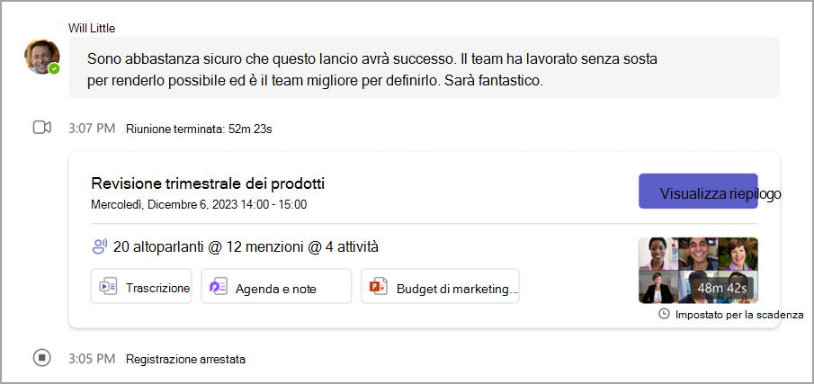 Rivedere i dettagli di riepilogo della riunione da una chat della riunione.
