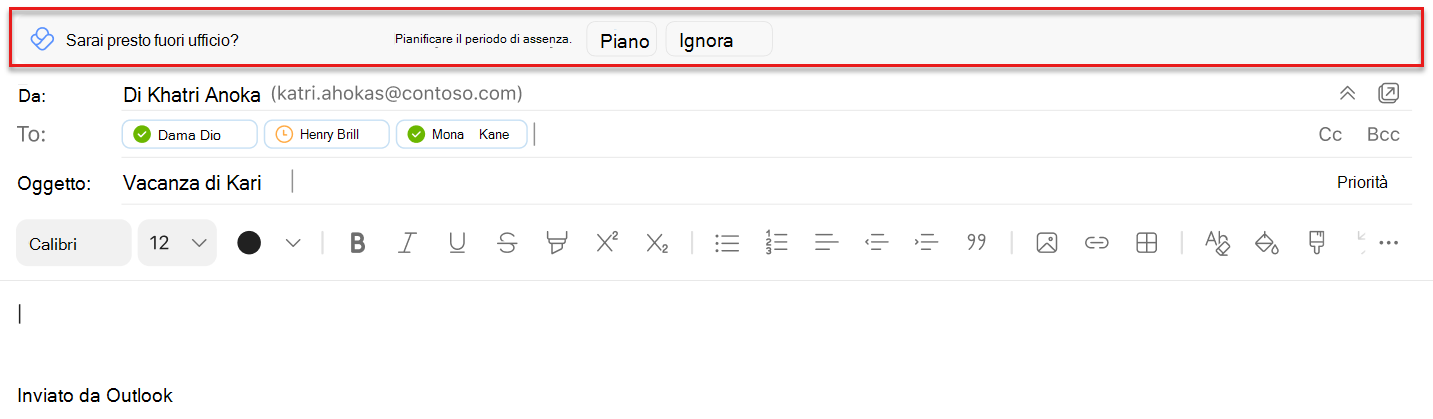 Screenshot di un suggerimento incorporato per pianificare il periodo di assenza durante la composizione di un messaggio di posta elettronica in Outlook