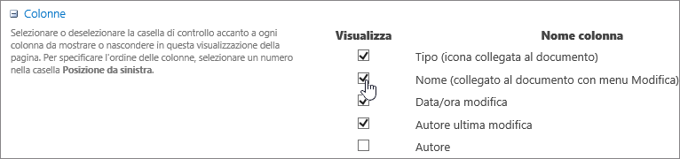 Finestra di dialogo Selezione colonna