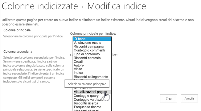 Casella di riepilogo a discesa Modifica pagina indice con colonna selezionata da