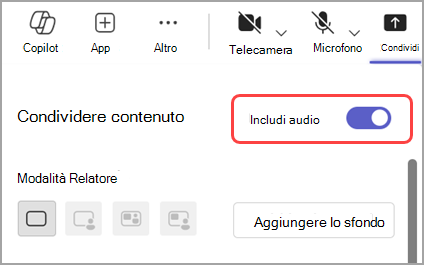 Attiva l'interruttore Includi audio per condividere l'audio dalla finestra che stai condividendo.