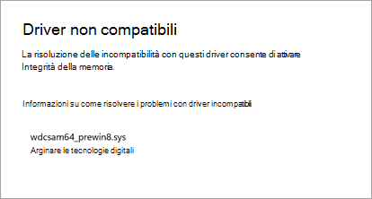 La funzionalità di integrità della memoria Windows che indica che un driver non è compatibile