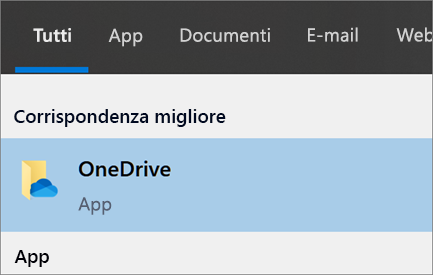 Ricerca dell'app desktop OneDrive in Windows 10