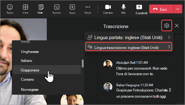 Screenshot che illustra come selezionare una lingua tradotta per la trascrizione delle riunioni di Teams