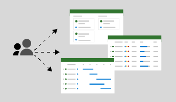 Piccola immagine che mostra frecce tra l'icona persone e screenshot della visualizzazione griglia, bacheca e sequenza temporale in Project per il Web