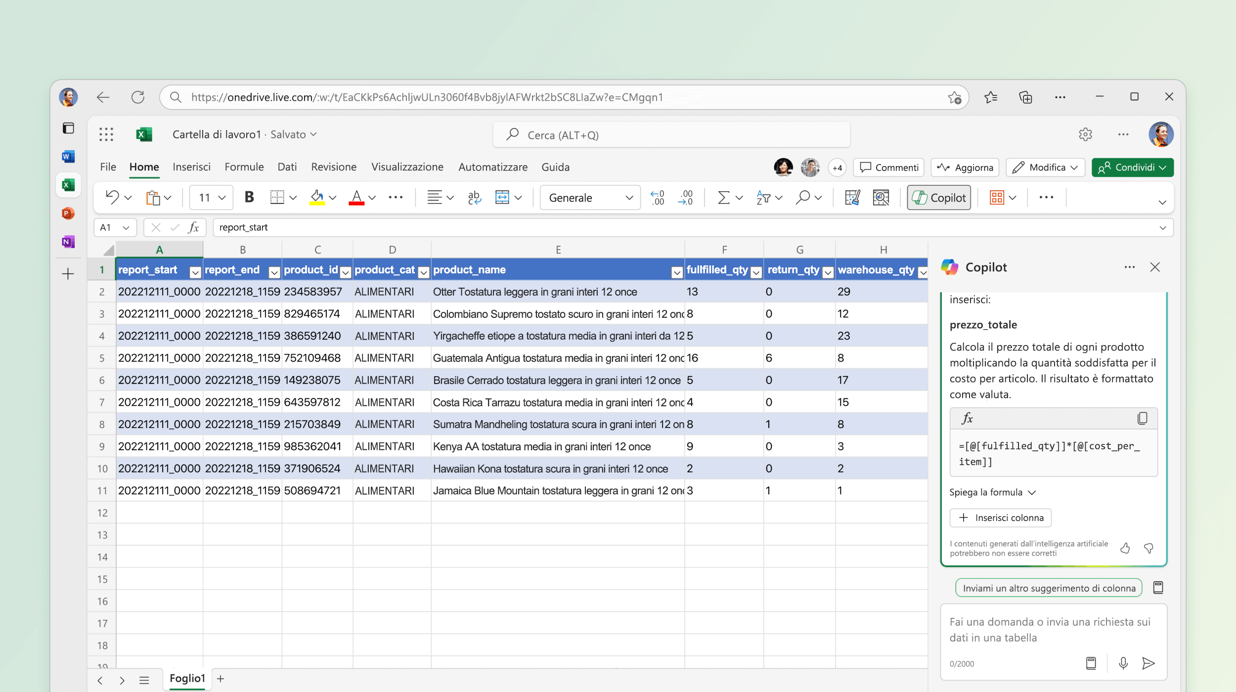 Screenshot che mostra Copilot in Excel che suggerisce una formula per il calcolo.