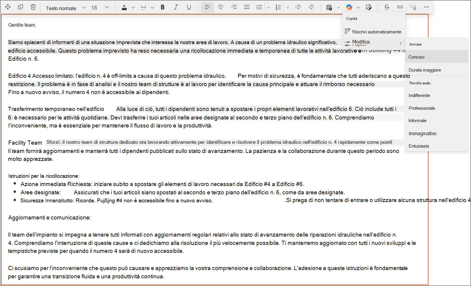 Screenshot di un lungo testo nell'editor di testo RTF di SharePoint.