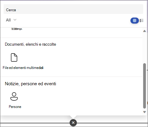 Screenshot del riquadro per scegliere una web part con le web part File ed Elementi multimediali e Persone.