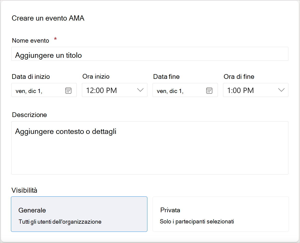 Screenshot dei campi necessari per creare un evento AMA.